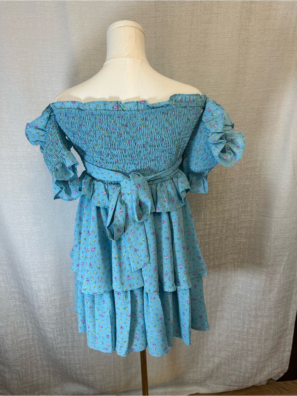 Mable Smocked Off-Shoulder Floral Mini Dress in Light Blue - Picture 3 of 12
